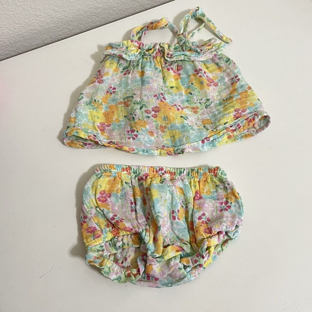 Angel Dear Organic Muslin Ruffle Top & Bloomers Set Spring Meadow SZ 3-6 Months